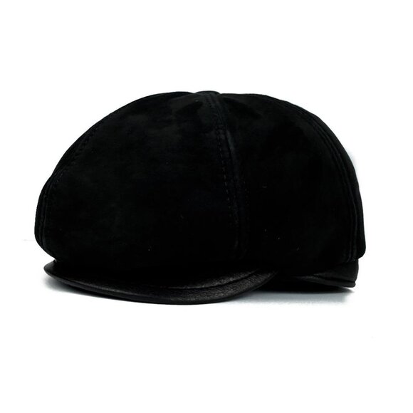 Lukkiu Other - Black Real Sheepskin Leather Flat Cap Men's Newsboy Hat Cabbie Beret S-X…